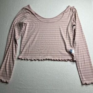 Arizona Jean Co Striped Long Sleeve Crop Top‎ Womens XL Pink White Lettuce Hem